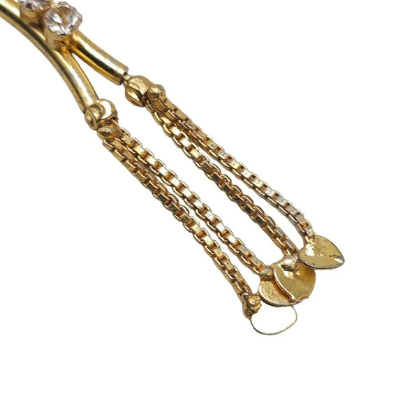 Clear Rhinestone Tassel Box Chain Y Necklace S-Hook Closure Gold Tone Vintage - Picture 3 of 6